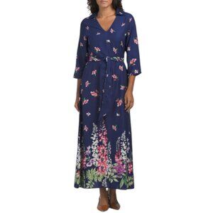 CELINA MOON Three-quarter Sleeve Belted Collared Floral Dress